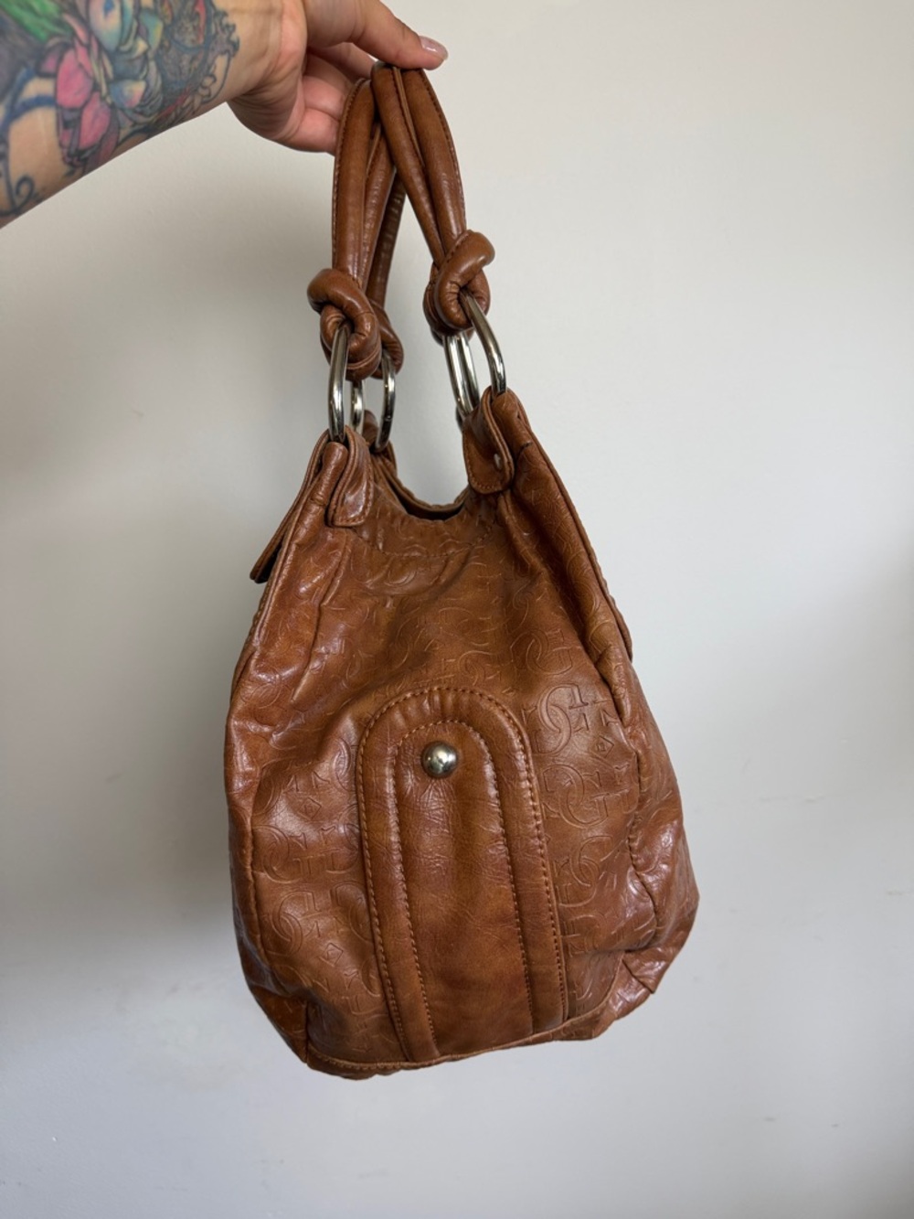GUESS Vintage Brown Leather Hobo Bag Monogram Logo Y2K Shoulder Bag - Picture 5 of 14